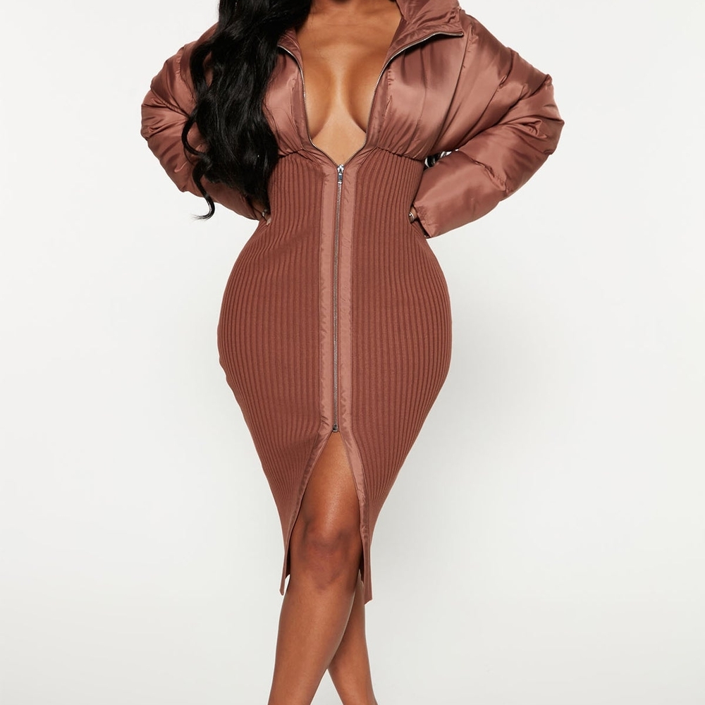 Fashion Nova Brown Long Sleeve Dress